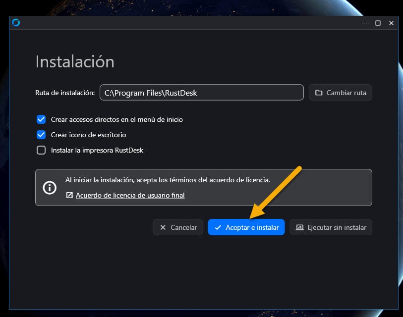 2 Aceptar e instalar RustDesk